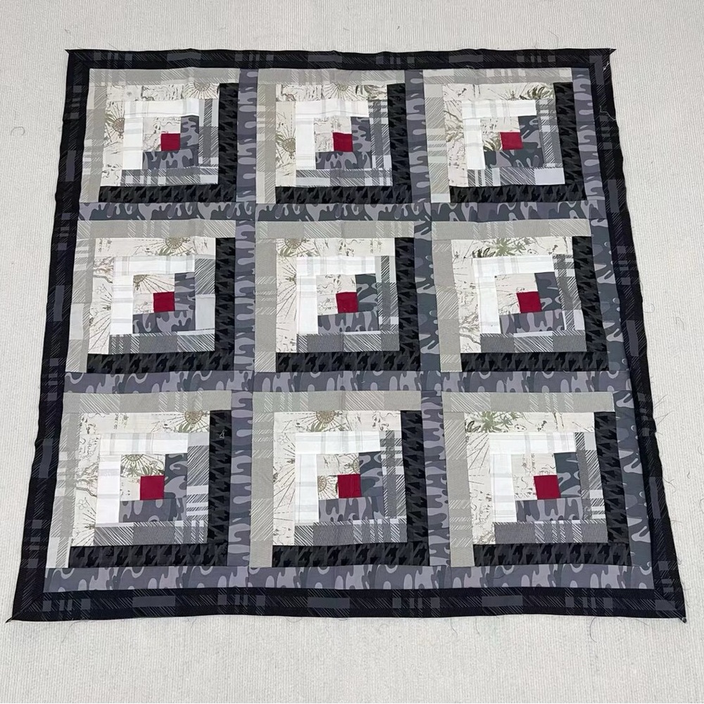 Gray and Red Log Cabin Quilt Tapestry Wall Hanging